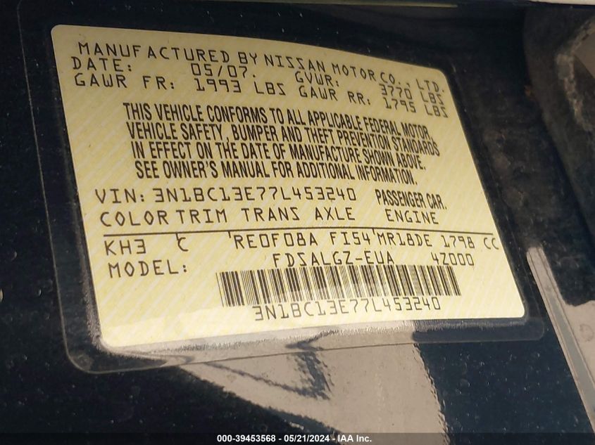 2007 Nissan Versa 1.8Sl VIN: 3N1BC13E77L453240 Lot: 39453568