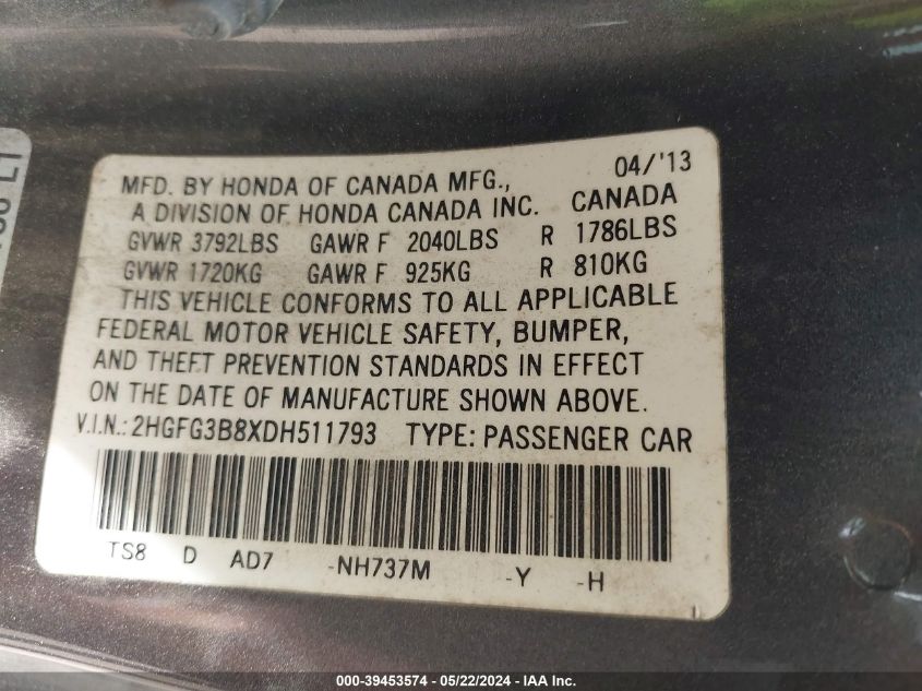 2013 Honda Civic Ex VIN: 2HGFG3B8XDH511793 Lot: 39453574