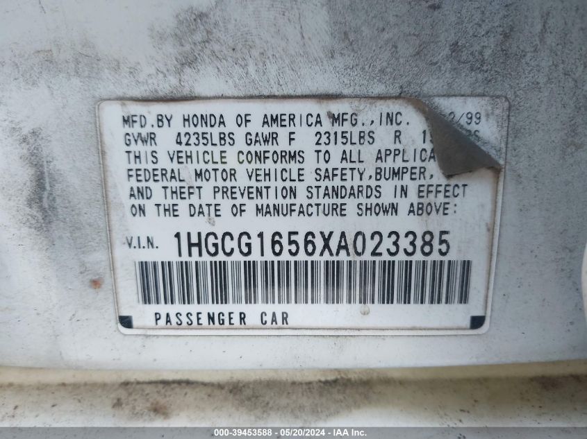 1999 Honda Accord Ex V6 VIN: 1HGCG1656XA023385 Lot: 39453588