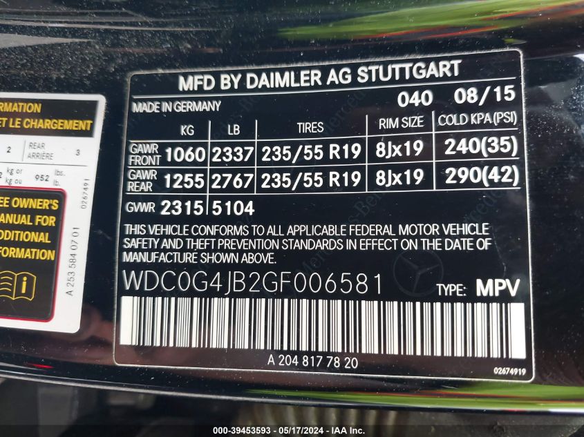 2016 Mercedes-Benz Glc 300 VIN: WDC0G4JB2GF006581 Lot: 39453593