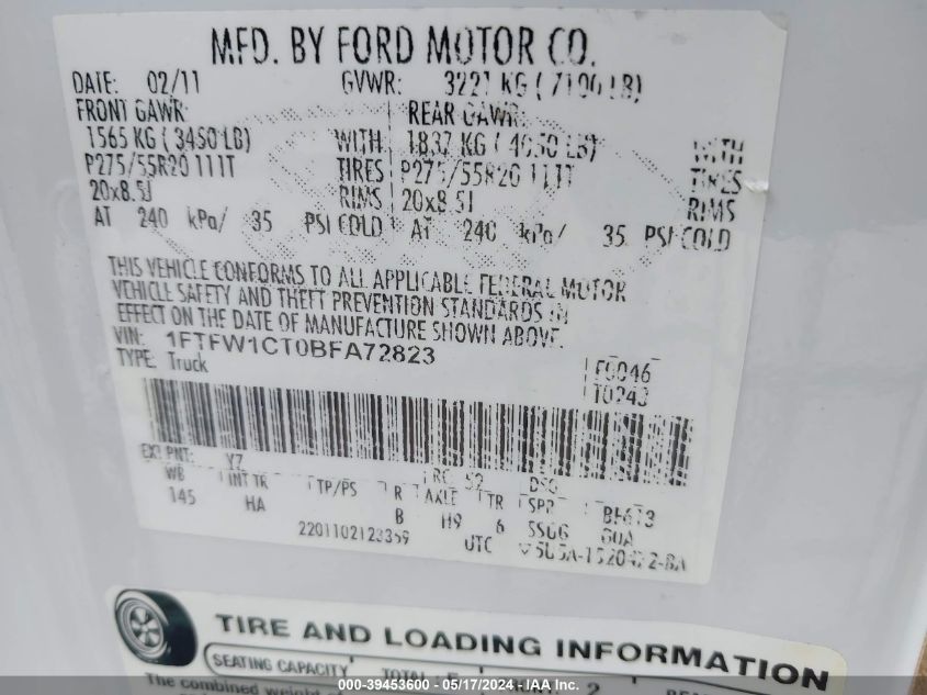 2011 Ford F-150 Lariat VIN: 1FTFW1CT0BFA72823 Lot: 39453600