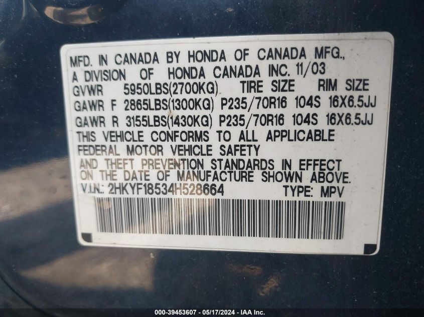 2004 Honda Pilot Ex-L VIN: 2HKYF18534H528664 Lot: 39453607