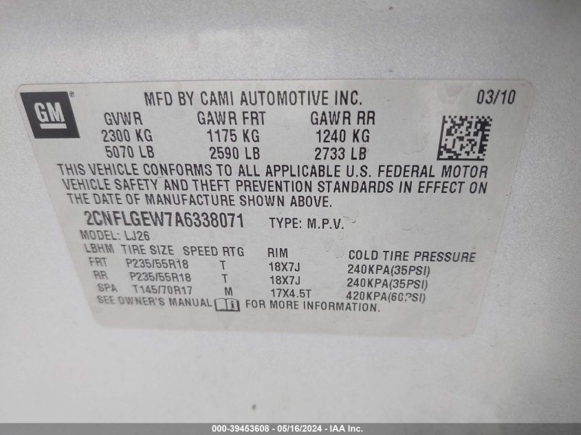 2010 Chevrolet Equinox Ltz VIN: 2CNFLGEW7A6338071 Lot: 39453608