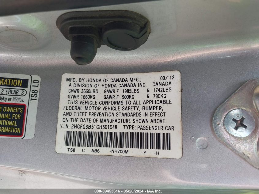 2012 Honda Civic Lx VIN: 2HGFG3B51CH561048 Lot: 39453616