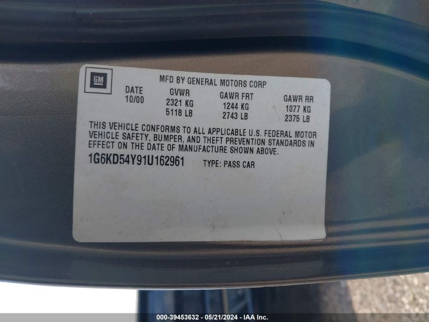 2001 Cadillac Deville Standard W/W20 VIN: 1G6KD54Y91U162961 Lot: 39453632