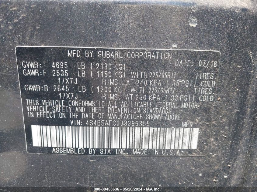 2018 Subaru Outback 2.5I Premium VIN: 4S4BSAFC0J3396355 Lot: 39453636