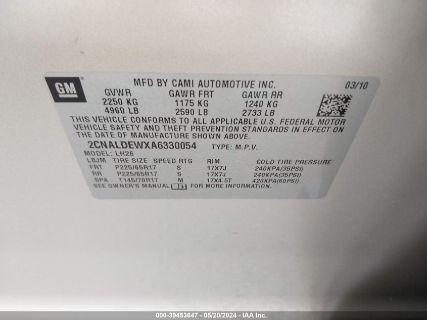 2010 Chevrolet Equinox Lt VIN: 2CNALDEWXA6330054 Lot: 39453647