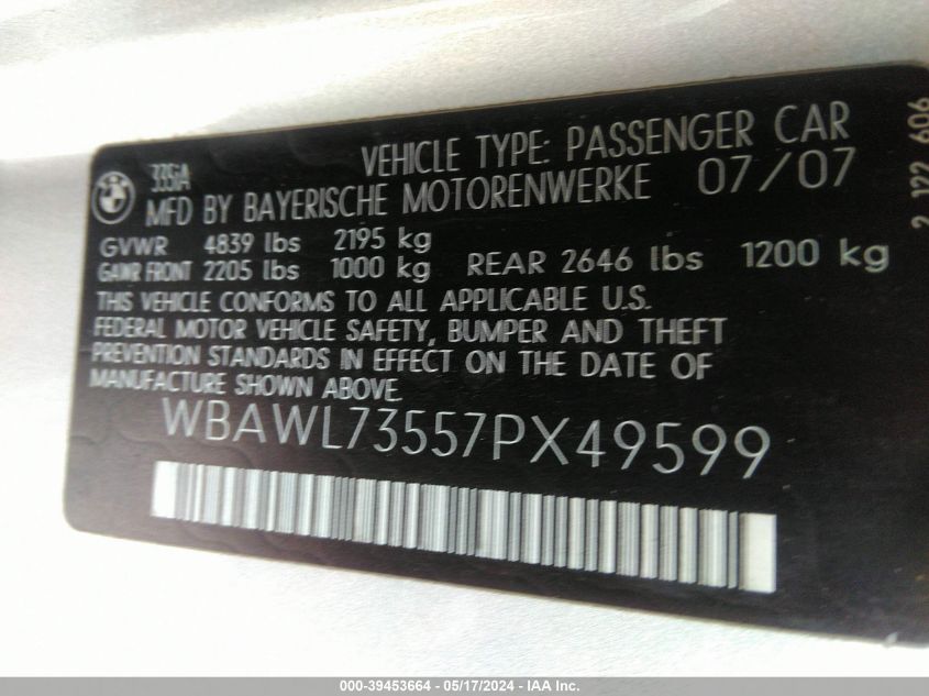 2007 BMW 335I I VIN: WBAWL73557PX49599 Lot: 39453664