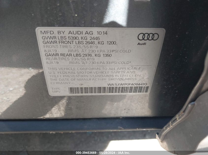 2015 Audi Q5 2.0T Premium VIN: WA1LFAFP0FA064493 Lot: 39453669