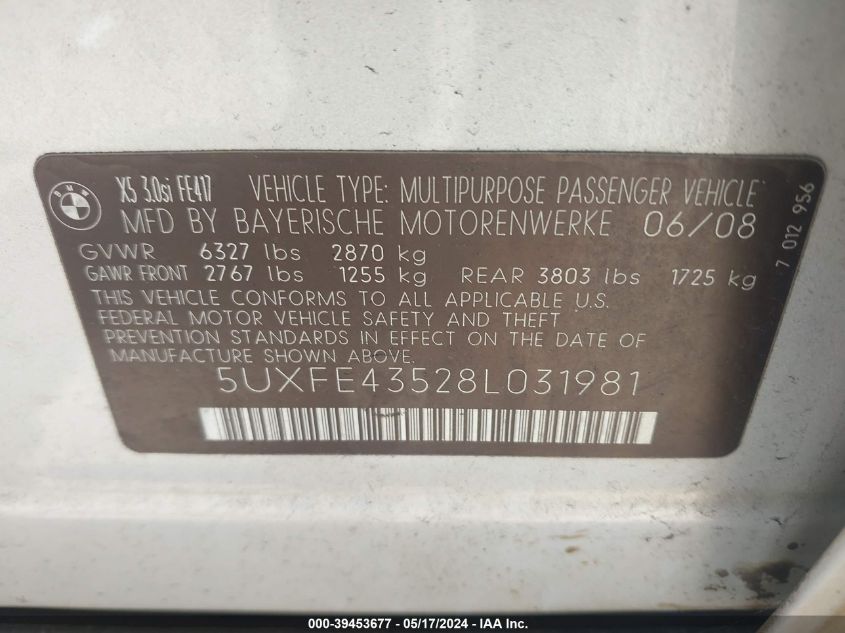2008 BMW X5 3.0Si VIN: 5UXFE43528L031981 Lot: 39453677
