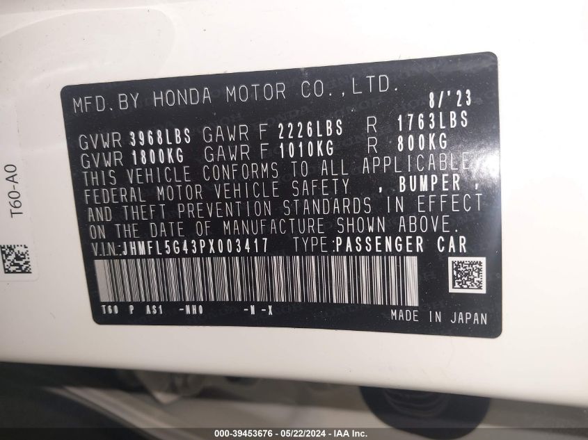 2023 Honda Civic Type R Touring VIN: JHMFL5G43PX003417 Lot: 39453676