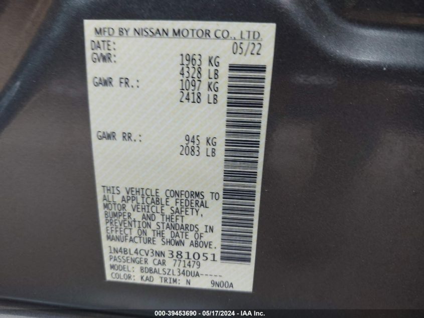 2022 Nissan Altima Sr Fwd VIN: 1N4BL4CV3NN381051 Lot: 39453690