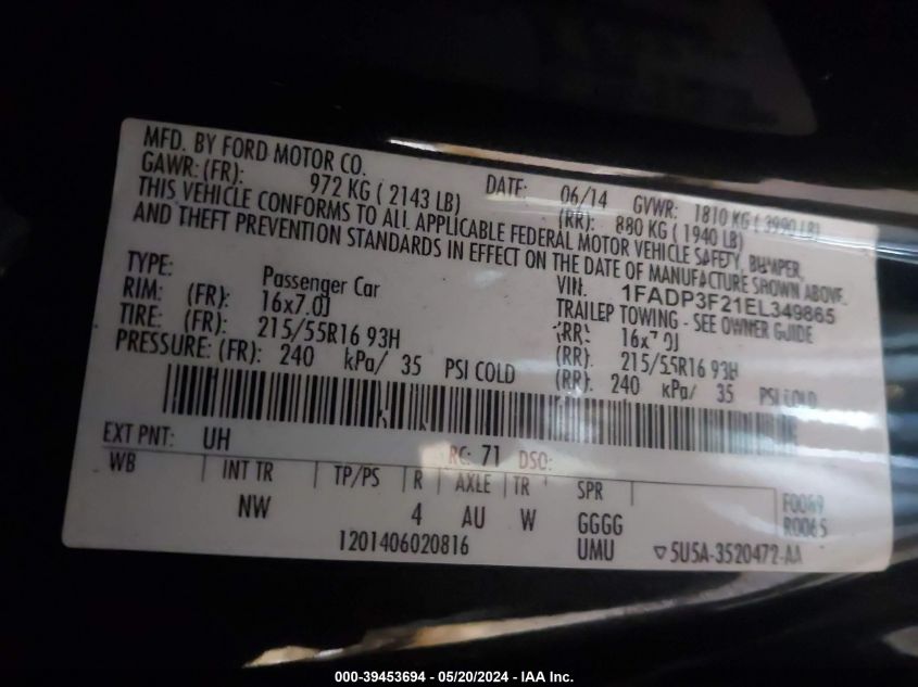 2014 Ford Focus Se VIN: 1FADP3F21EL349865 Lot: 39453694