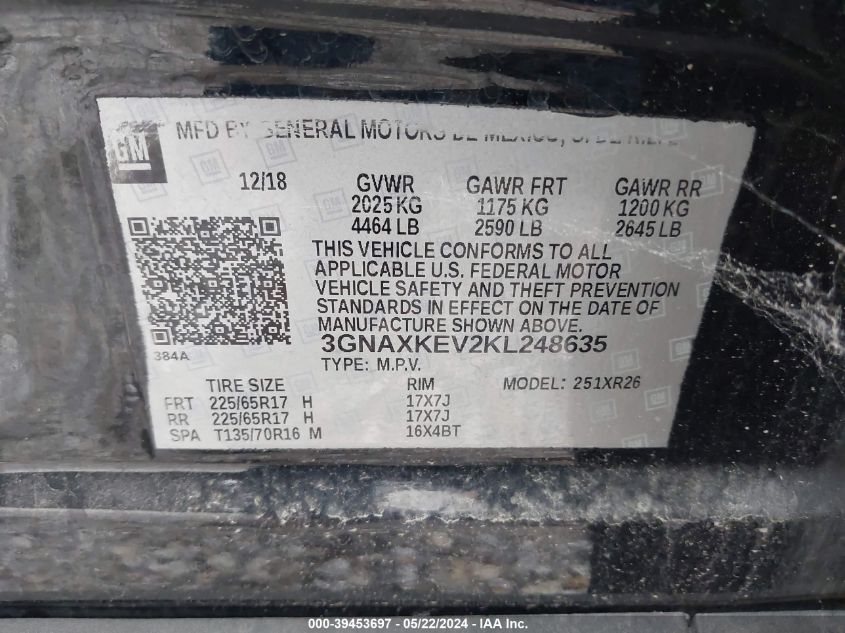 2019 Chevrolet Equinox Lt VIN: 3GNAXKEV2KL248635 Lot: 39453697