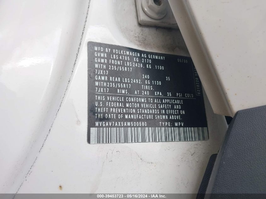 2010 Volkswagen Tiguan Se VIN: WVGAV7AX5AW500580 Lot: 39453723