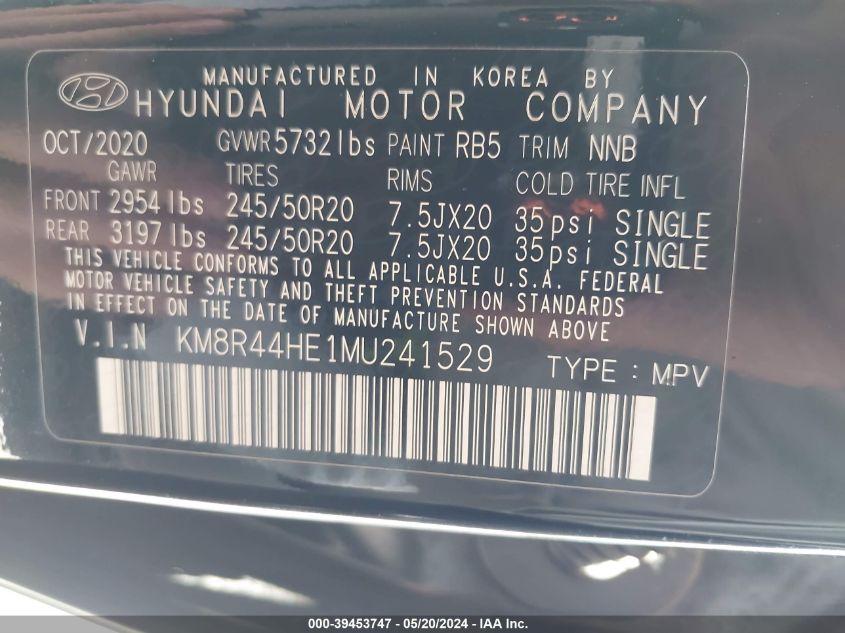 2021 Hyundai Palisade Sel VIN: KM8R44HE1MU241529 Lot: 39453747