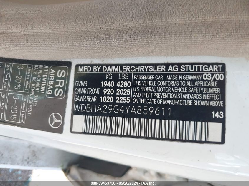 2000 Mercedes-Benz C 280 VIN: WDBHA29G4YA859611 Lot: 39453750