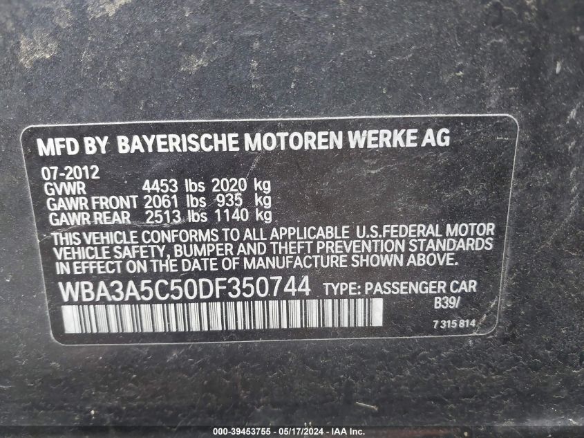 2013 BMW 328I VIN: WBA3A5C50DF350744 Lot: 39453755
