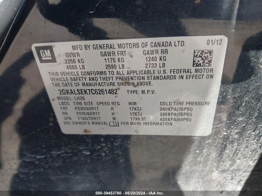 2012 GMC Terrain Sle-2 VIN: 2GKALSEK7C6261482 Lot: 39453760