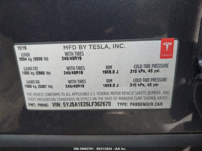 2020 Tesla Model S VIN: 5YJSA1E26LF362670 Lot: 39453761