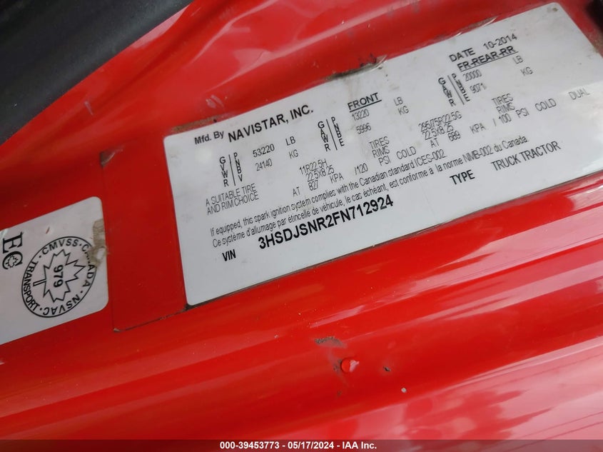 2015 International Prostar VIN: 3HSDJSNR2FN712924 Lot: 39453773