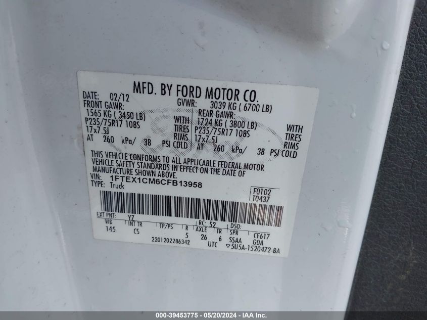 2012 Ford F-150 Xl VIN: 1FTEX1CM6CFB13958 Lot: 39453775