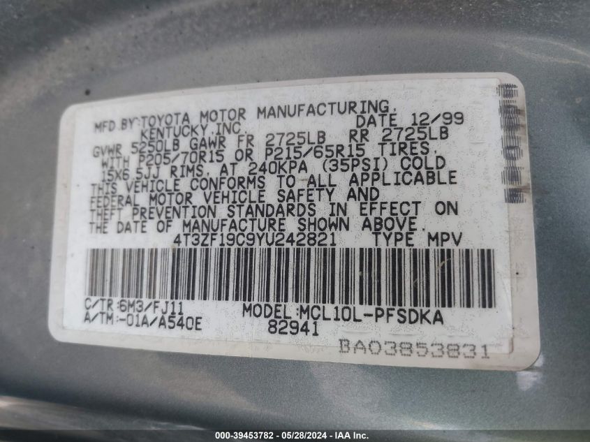 2000 Toyota Sienna Ce VIN: 4T3ZF19C9YU242821 Lot: 39453782