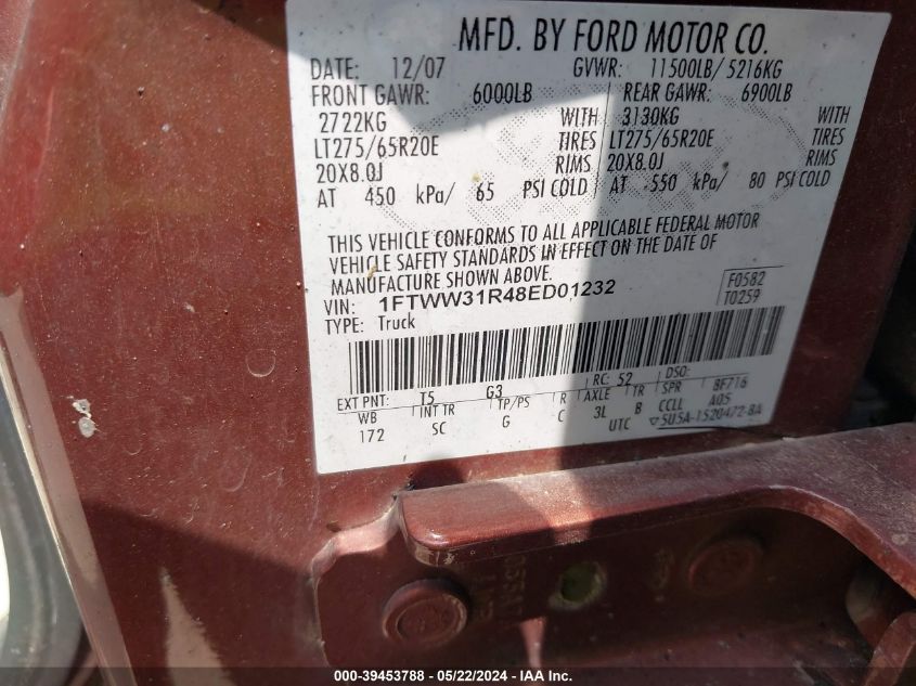 2008 Ford F-350 Fx4/Harley-Davidson/King Ranch/Lariat/Xl/Xlt VIN: 1FTWW31R48ED01232 Lot: 39453788