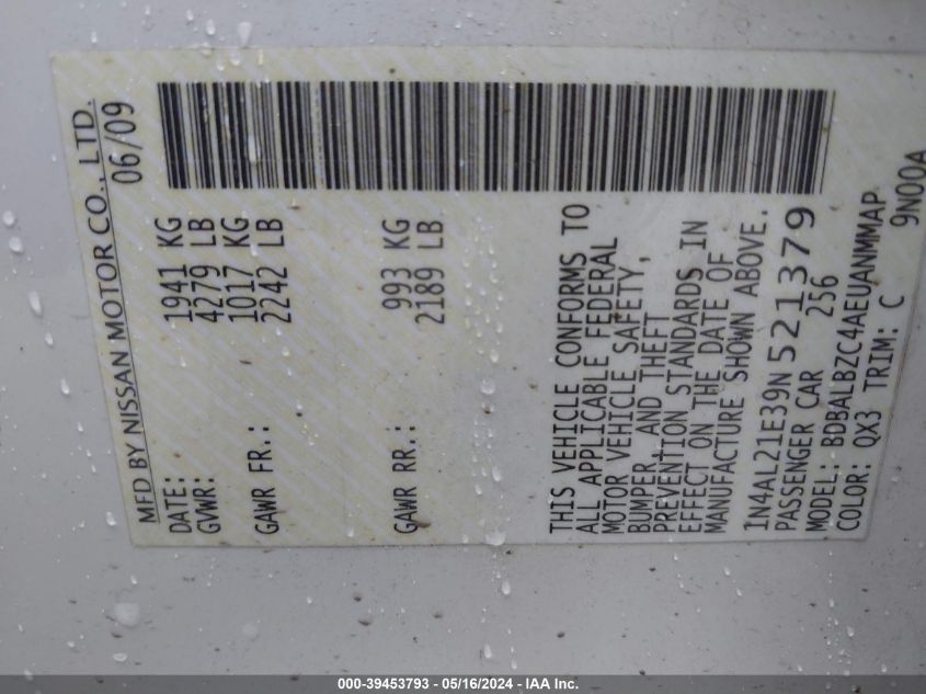 2009 Nissan Altima 2.5 S VIN: 1N4AL21E39N521379 Lot: 39453793