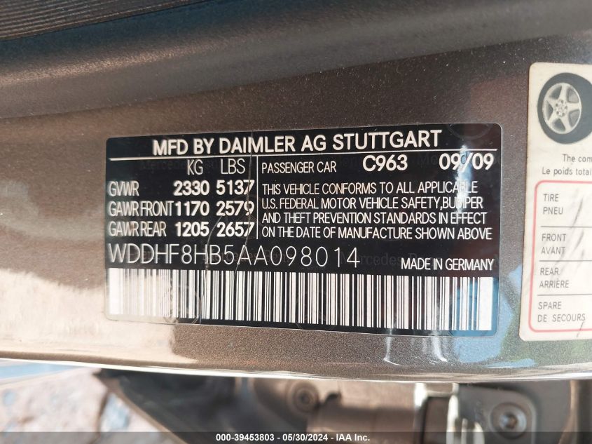 2010 Mercedes-Benz E 350 4Matic VIN: WDDHF8HB5AA098014 Lot: 39453803