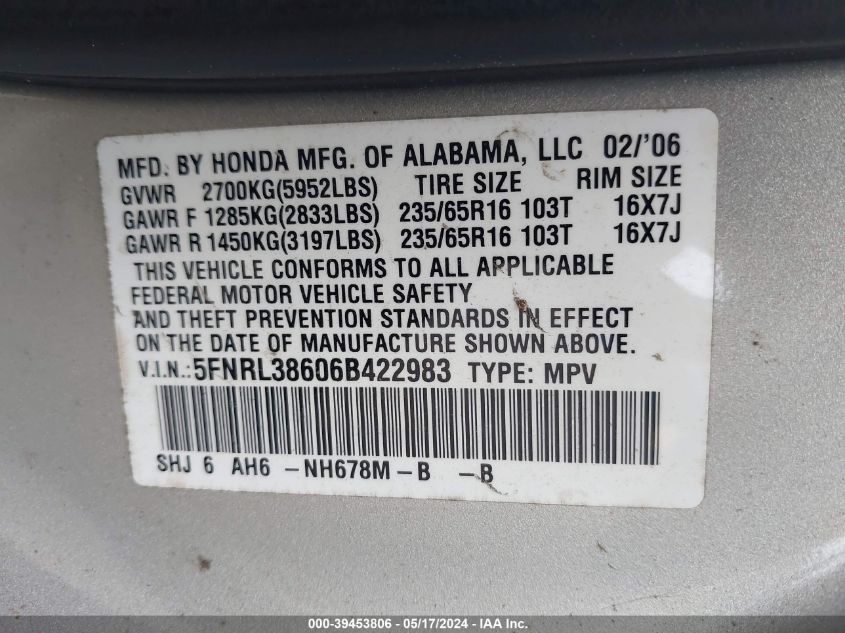 2006 Honda Odyssey Ex-L VIN: 5FNRL38606B422983 Lot: 39453806