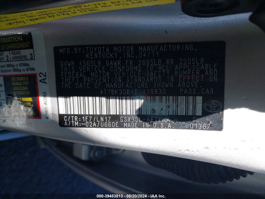 2011 Toyota Avalon Limited VIN: 4T1BK3DB4BU418830 Lot: 39453813