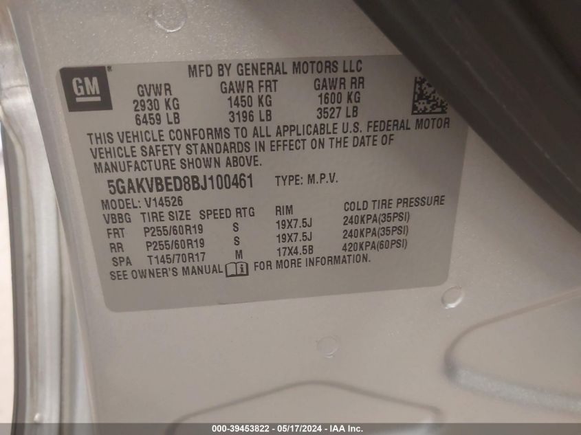 2011 Buick Enclave 1Xl VIN: 5GAKVBED8BJ100461 Lot: 39453822