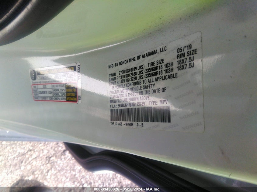 2019 Honda Odyssey Ex-L VIN: 5FNRL6H78KB115789 Lot: 39453826