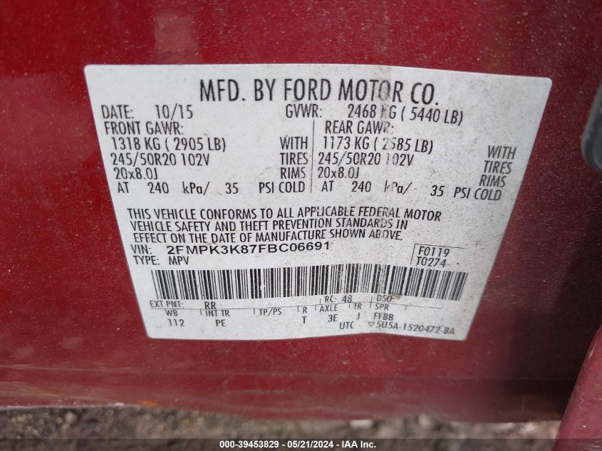 2015 Ford Edge Titanium VIN: 2FMPK3K87FBC06691 Lot: 39453829