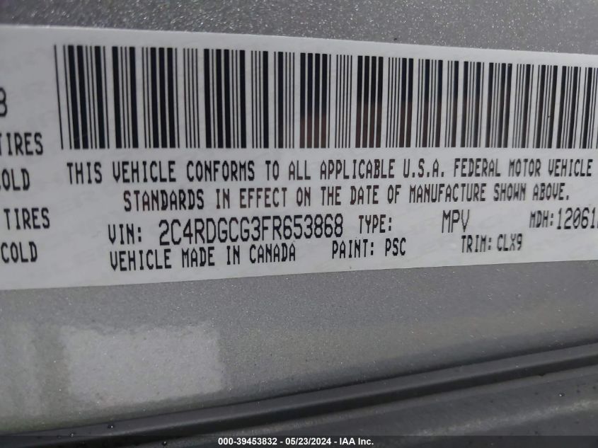 2015 Dodge Grand Caravan Sxt Plus VIN: 2C4RDGCG3FR653868 Lot: 39453832