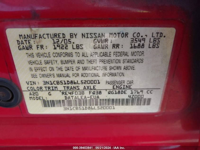 2006 Nissan Sentra 1.8S VIN: 3N1CB51D86L520001 Lot: 39453841