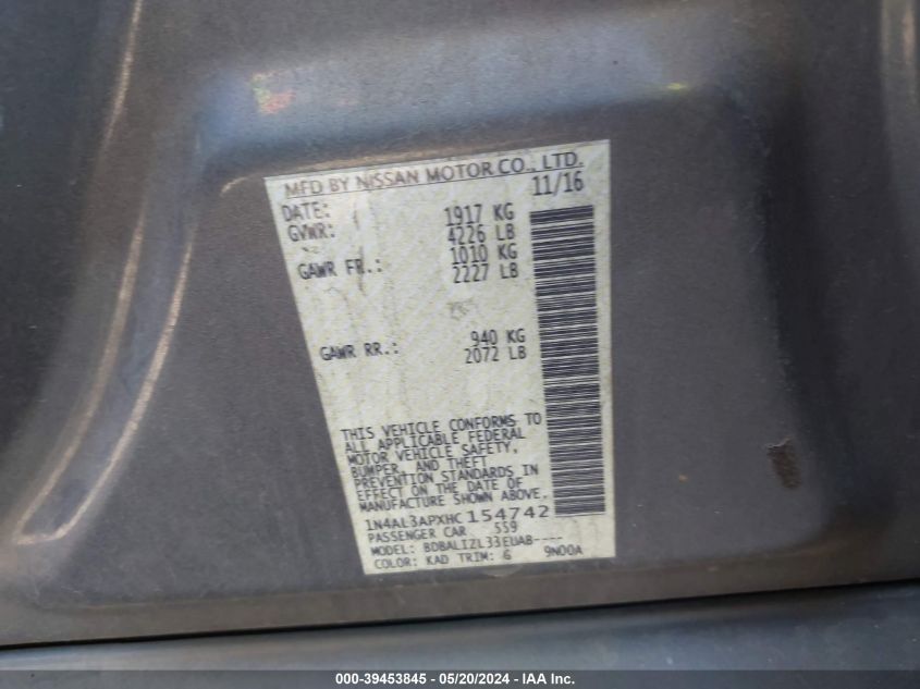 2017 Nissan Altima 2.5 Sv VIN: 1N4AL3APXHC154742 Lot: 39453845