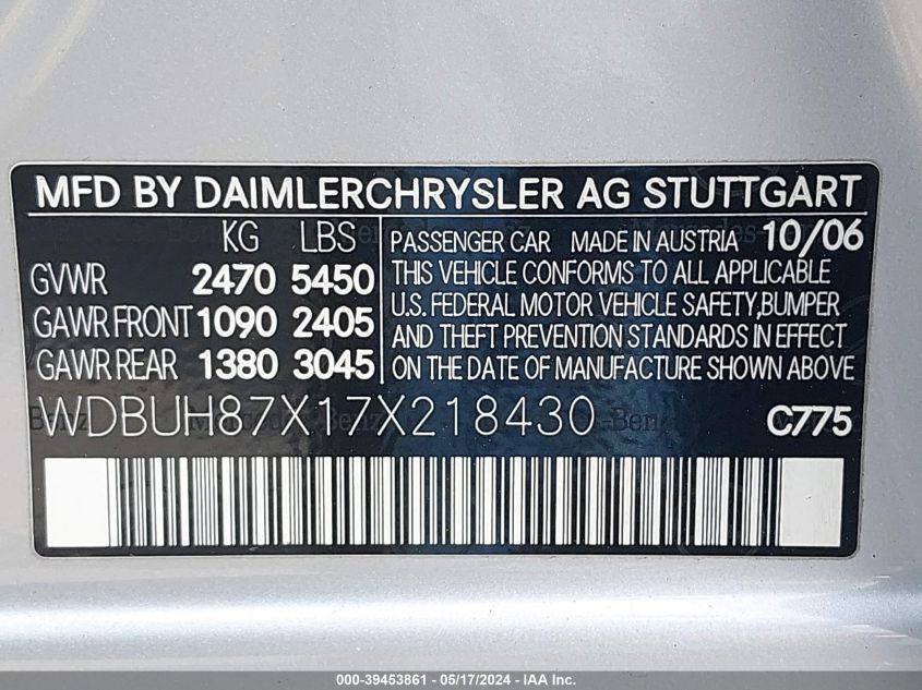 2007 Mercedes-Benz E 350 4Matic VIN: WDBUH87X17X218430 Lot: 39453861