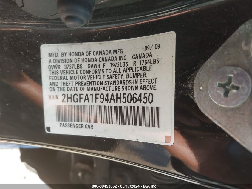 2010 Honda Civic Ex-L VIN: 2HGFA1F94AH506450 Lot: 39453862