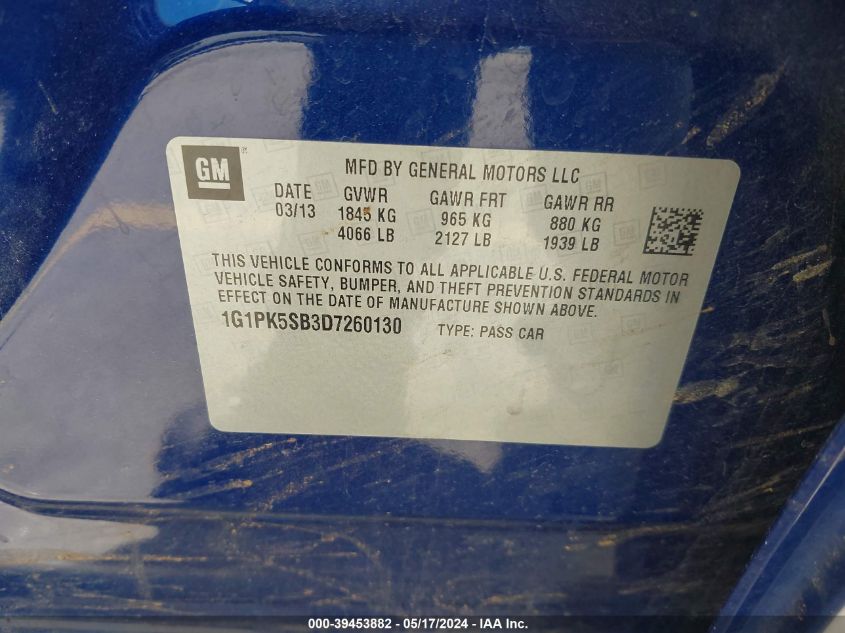 2013 Chevrolet Cruze Lt VIN: 1G1PK5SB3D7260130 Lot: 39453882