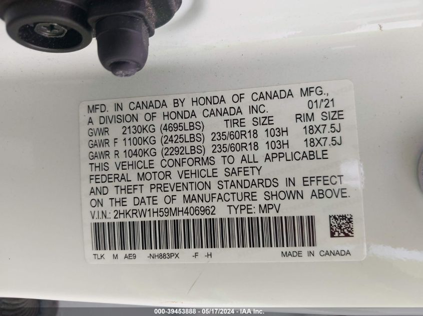 2021 Honda Cr-V 2Wd Ex VIN: 2HKRW1H59MH406962 Lot: 39453888