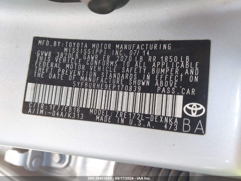 2014 Toyota Corolla Le VIN: 5YFBURHE9EP170839 Lot: 39453889