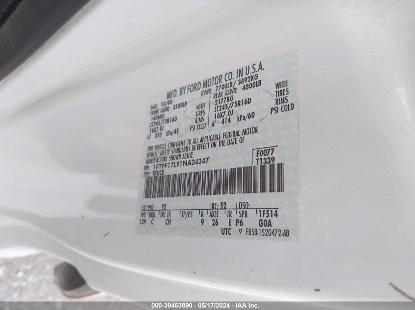 2001 Ford F-150 Xl/Xlt VIN: 1FTPF17L91NA34347 Lot: 39453890