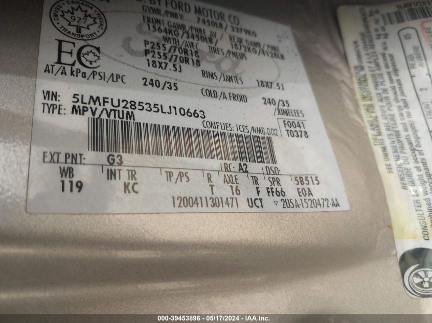 2003 Lincoln Navigator VIN: LMFUZ8535LJ10668 Lot: 39453896