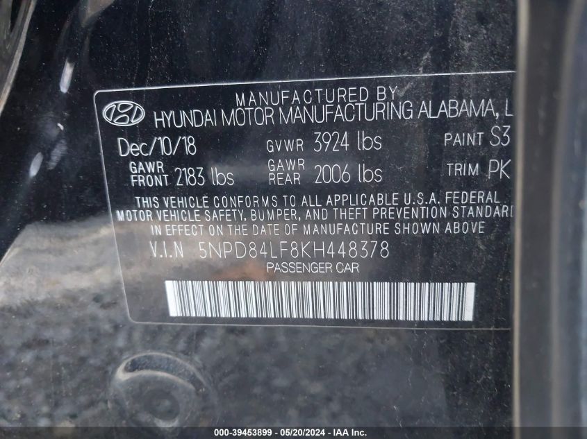 2019 Hyundai Elantra Sel VIN: 5NPD84LF8KH448378 Lot: 39453899