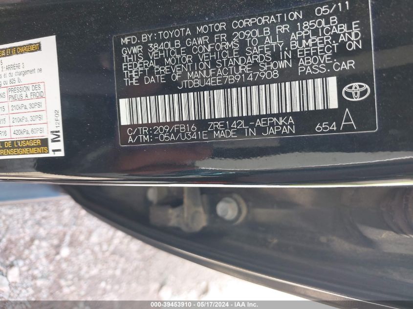 2011 Toyota Corolla Le VIN: JTDBU4EE7B9147908 Lot: 39453910