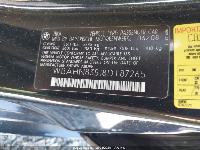 2008 BMW 750Li VIN: WBAHN83518DT87265 Lot: 39453916