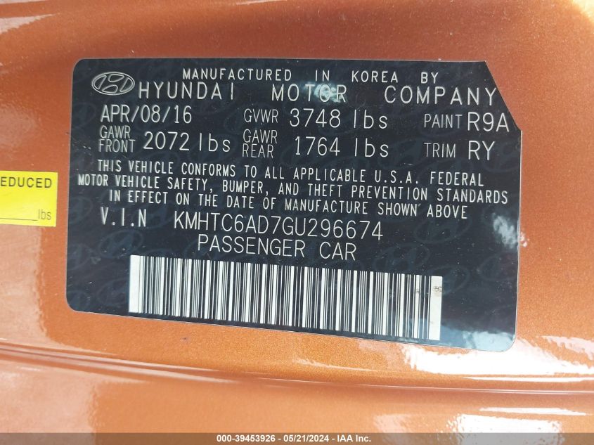 2016 Hyundai Veloster VIN: KMHTC6AD7GU296674 Lot: 39453926