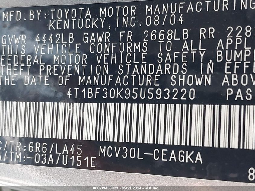 2005 Toyota Camry Xle V6 VIN: 4T1BF30K95U593220 Lot: 39453929